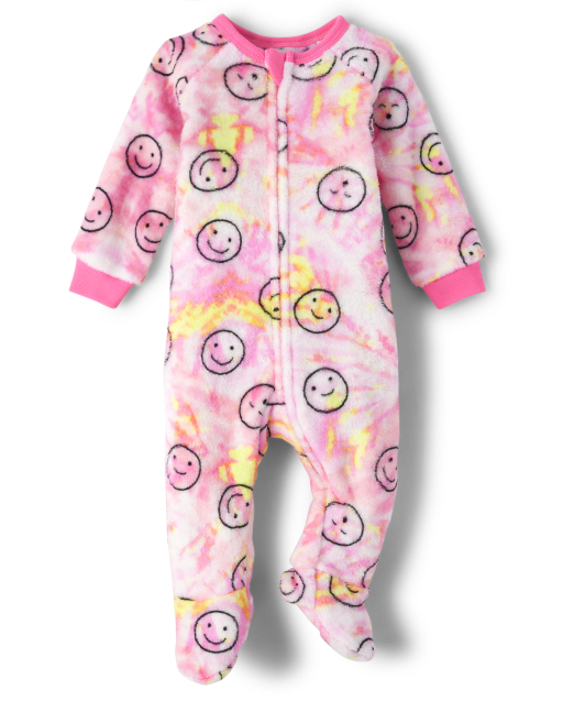 Baby And Toddler Girls Tie Dye Happy Face Fleece One Piece Pajamas