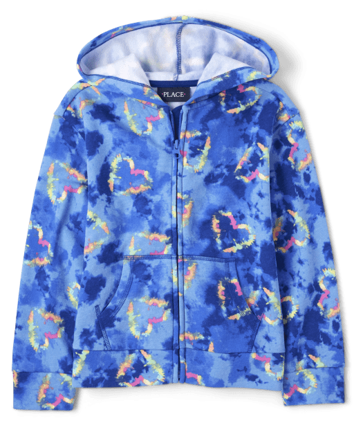 Sweat à capuche zippé en polaire tie-dye cœur pour fille