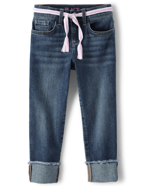 Girls Belted Roll Cuff Girlfriend Jeans