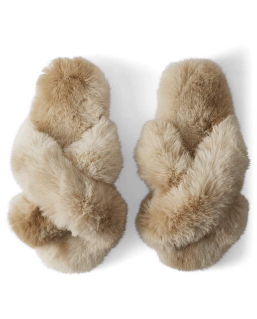 Womens Faux Fur Criss Cross Slippers