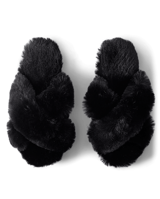 Womens Faux Fur Criss Cross Slippers