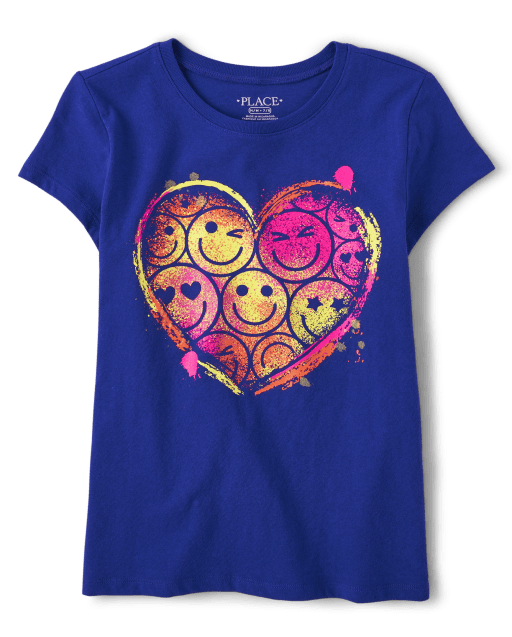 Girls Happy Face Heart Graphic Tee