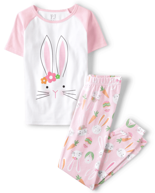 Pijama de algodón de ajuste cómodo con conejito de Pascua familiar a juego para niñas