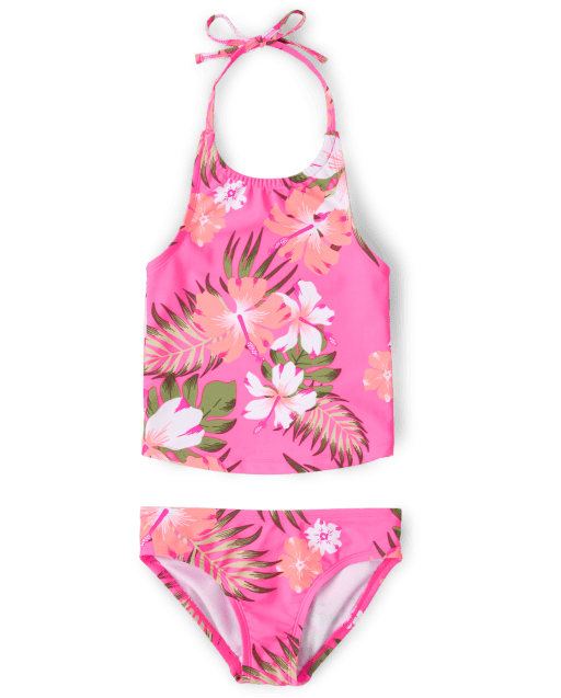 Girls Tropical Floral Halter Tankini Swimsuit