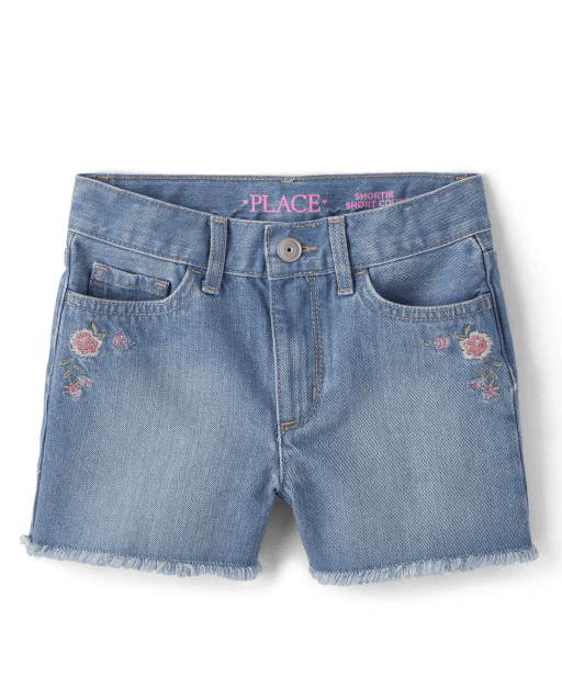 Girls Embroidered Floral Denim Shortie Shorts