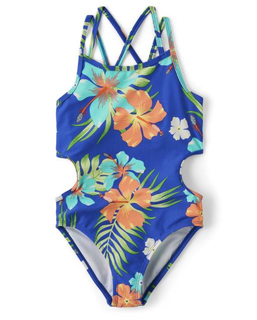 Girls Matching Family Tropical Cut Out One Piece Swimsuit