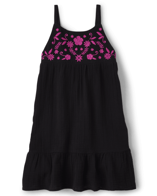 Girls Embroidered Floral Gauze Ruffle Dress