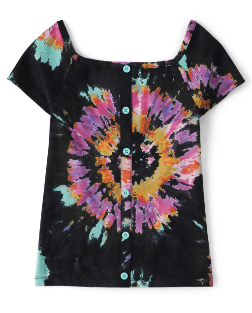 Girls Print Ribbed Button Top