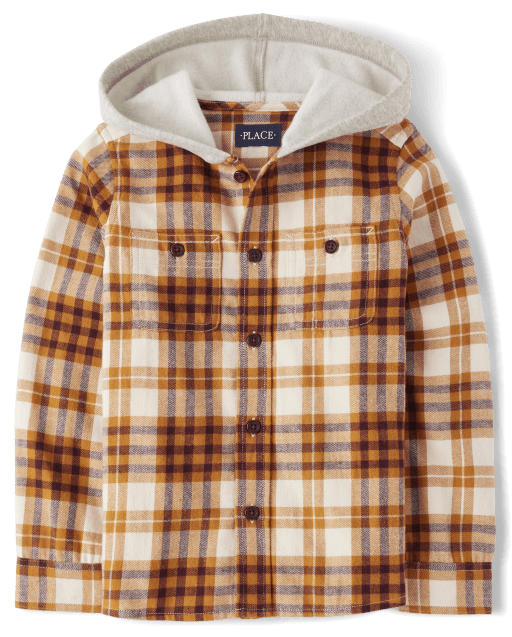 Boys Plaid Flannel Button Up Hooded Top