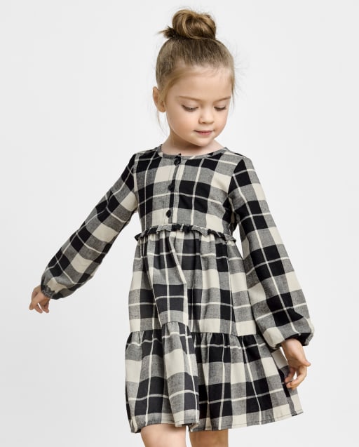 Toddler Girls Matching Family Plaid Twill Tiered Shirt Dress