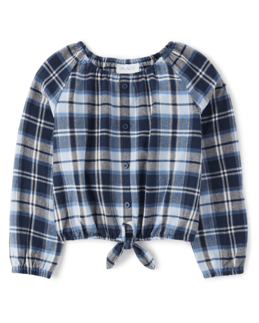 Girls Plaid Flannel Tie Front Top