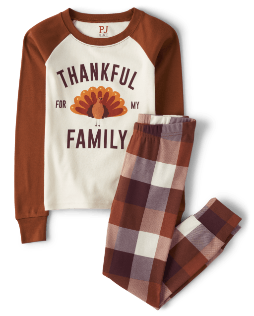 Unisex Kids Matching Family Thankful For My Family Snug Fit Cotton Pajamas