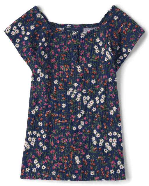 Girls Floral Ribbed Henley Top