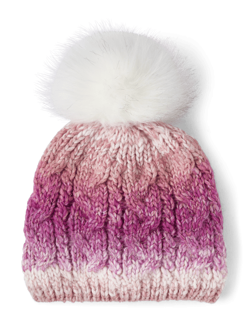 Gorro de niña con pompón y tejido de ochos degradado