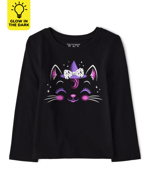 Baby And Toddler Girls Glow Cat Graphic Tee