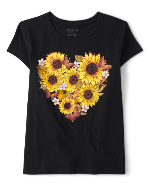 Camiseta con estampado de corazón y girasol para niñas