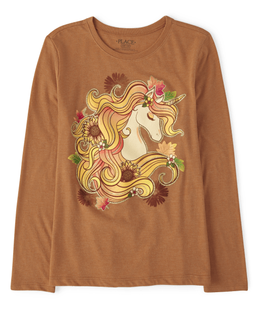 Camiseta con estampado de girasol y unicornio para niñas