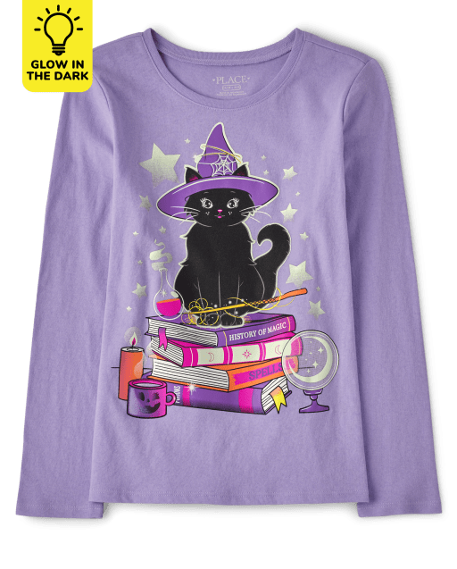 Camiseta con estampado de libros de gatos brillantes para niñas