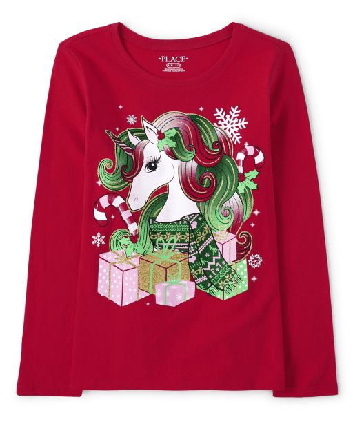 Camiseta con estampado de unicornio navideño para niña