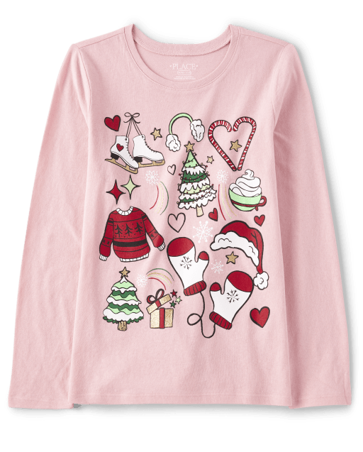 Camiseta con estampado de garabatos navideños para niñas