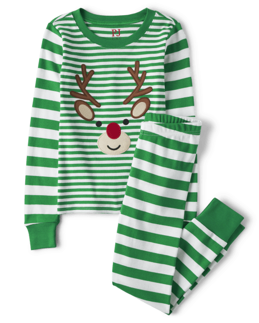 Unisex Kids Striped Reindeer Snug Fit Cotton Pajamas
