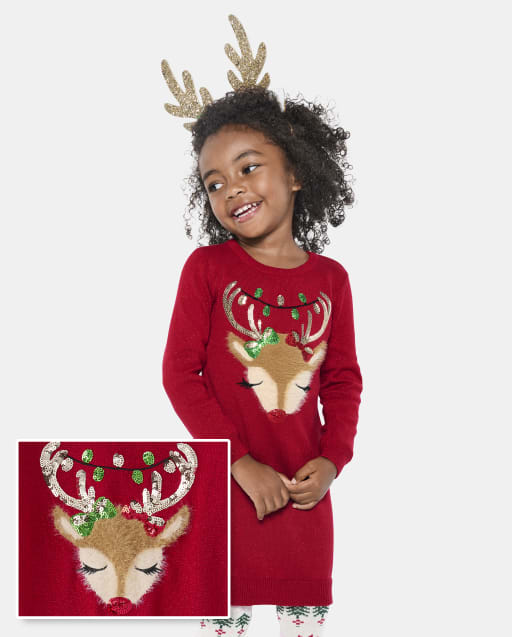 Baby And Toddler Girls Sequin Reindeer Sweater Dress