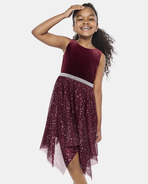 Girls Glitter Mesh Hanky Hem Dress