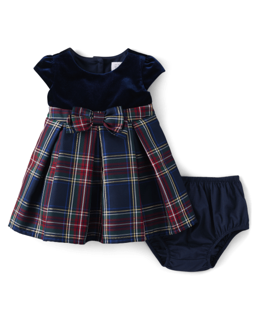 Baby Girls Matching Family Plaid Velour Fit And Flare Dress