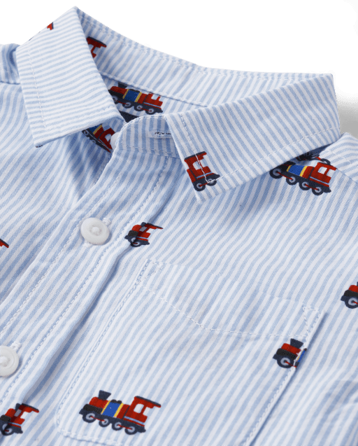 Baby And Toddler Boys Striped Train Poplin Button Up Shirt - view 2