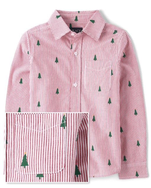 Boys Dad And Me Striped Christmas Tree Poplin Button Up Shirt