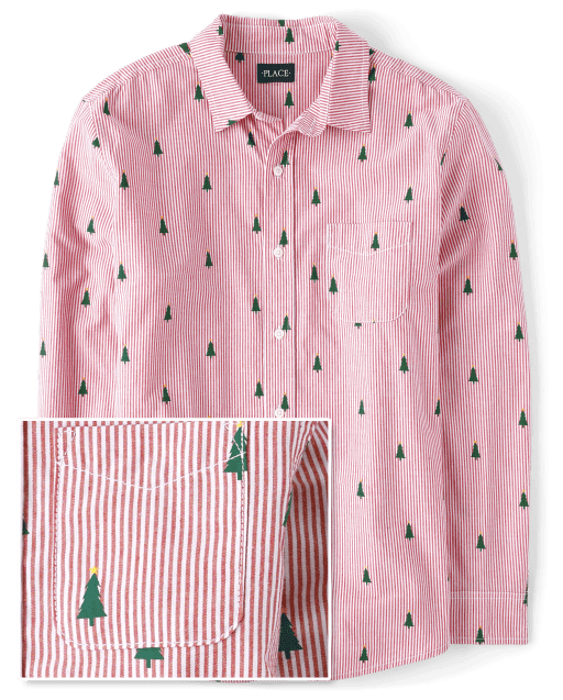 Mens Dad And Me Striped Christmas Tree Poplin Button Up Shirt