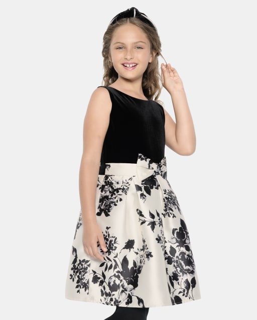 Girls Floral Velour Fit And Flare Dress