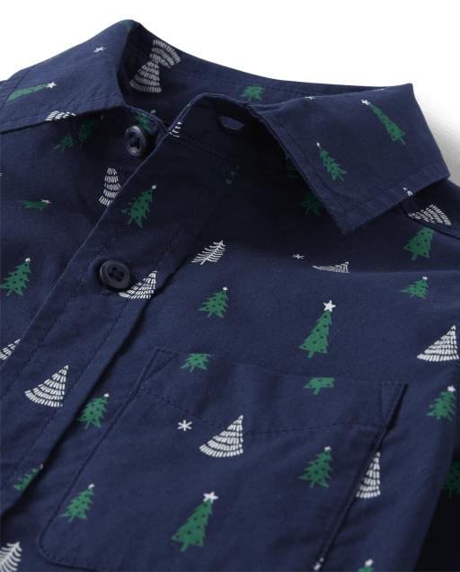 Boys Christmas Tree Poplin Button Up Shirt - view 2