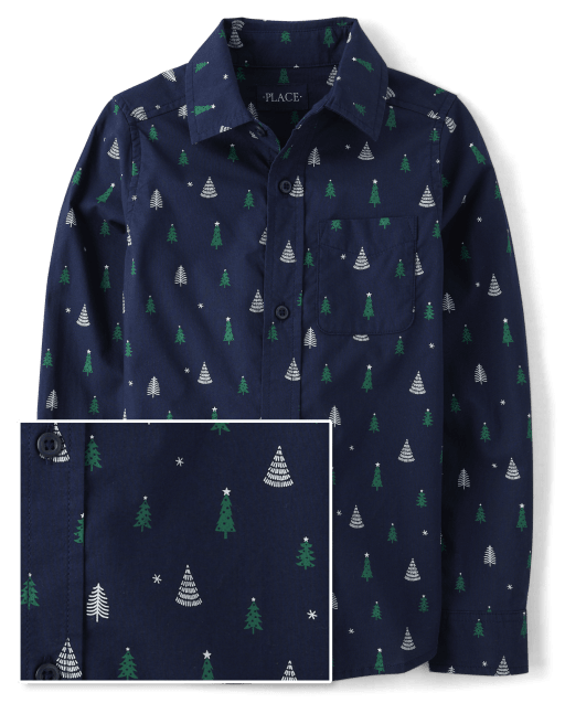 Boys Christmas Tree Poplin Button Up Shirt