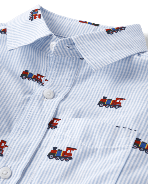 Boys Striped Train Poplin Button Up Shirt - view 2