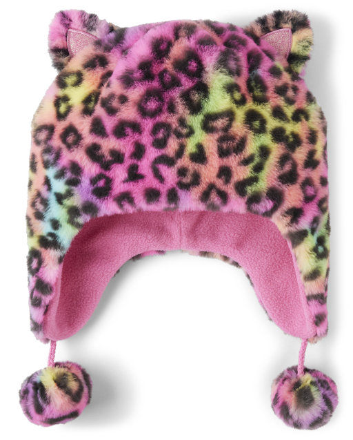Gorro con pompón de leopardo arcoíris para niñas