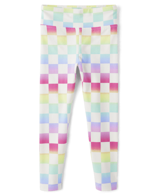 Girls Rainbow Checkered High Rise Leggings