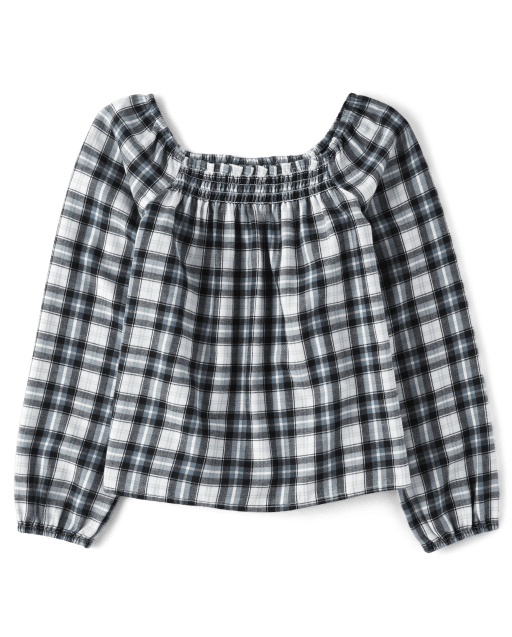 Girls Plaid Twill Smocked Top