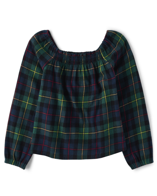 Girls Plaid Flannel Smocked Top