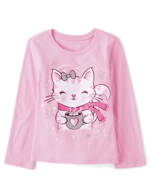 Baby And Toddler Girls Winter Cat Graphic Tee
