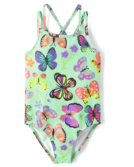 Girls Butterfly Cross-Back One Piece Swimsuit