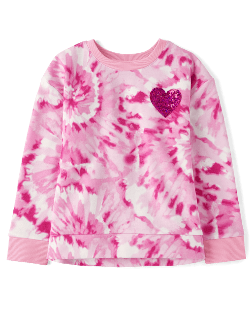 Girls Tie Dye Sequin Heart Fleece Sweatshirt
