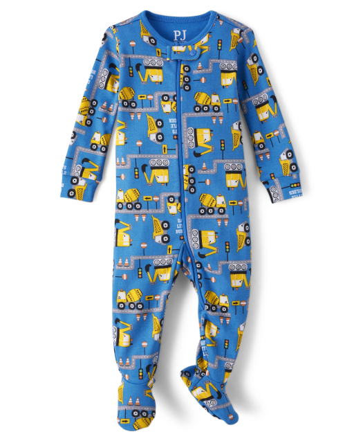 Baby And Toddler Boys Construction Snug Fit Cotton Footed One Piece Pajamas