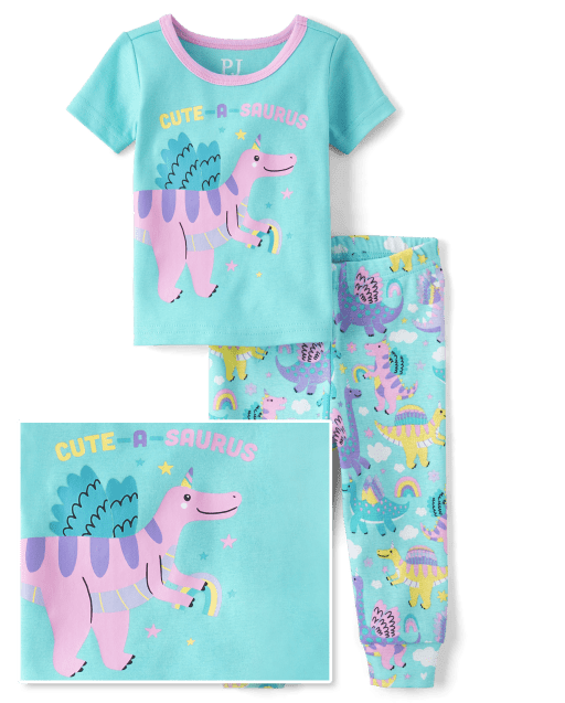 Pijamas de algodón ajustados Dino para bebés y niñas pequeñas