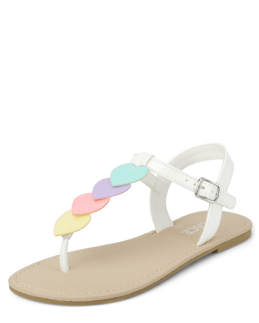 Girls Glitter Heart Faux Patent Leather T-Strap Sandals