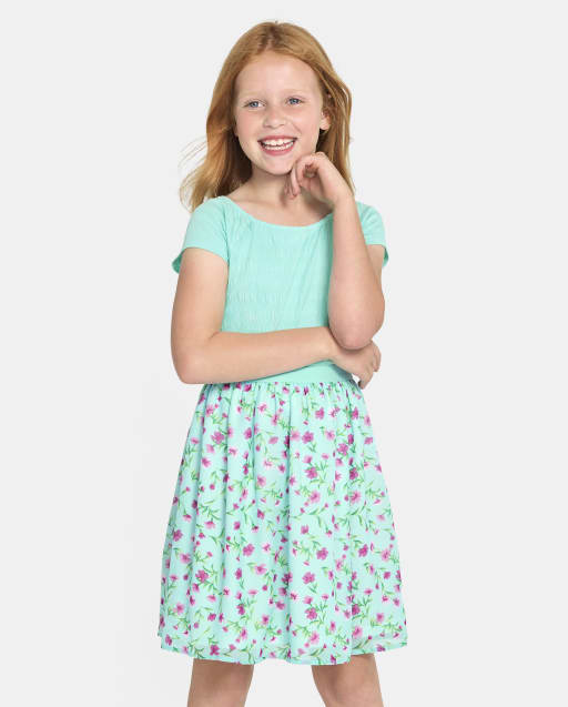 Girls Floral Smocked Fit And Flare Dress