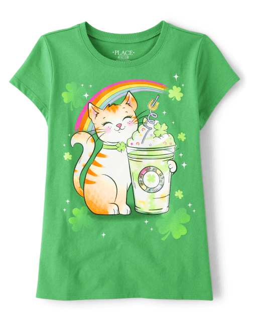 Girls St. Patrick's Cat Graphic Tee
