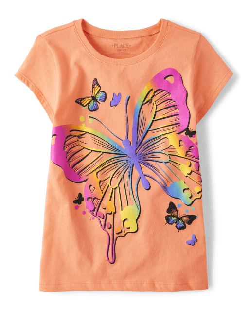 Camiseta con estampado de mariposa arcoíris para niñas