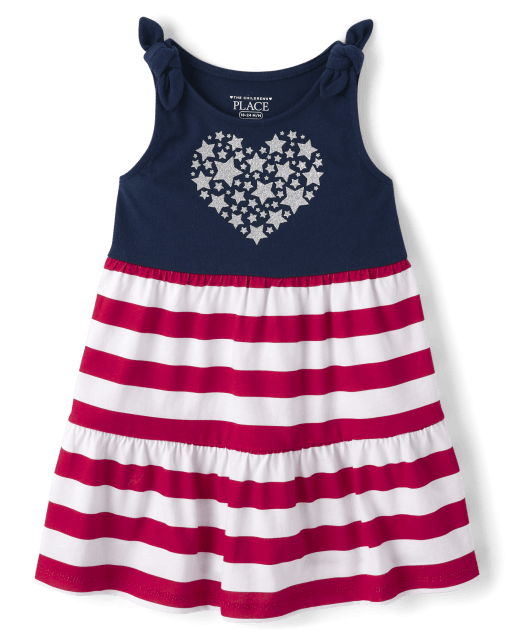 Toddler Girls Striped Glitter Graphic Tie Shoulder Dress