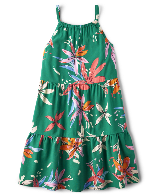 Girls Floral Tiered Halter Dress